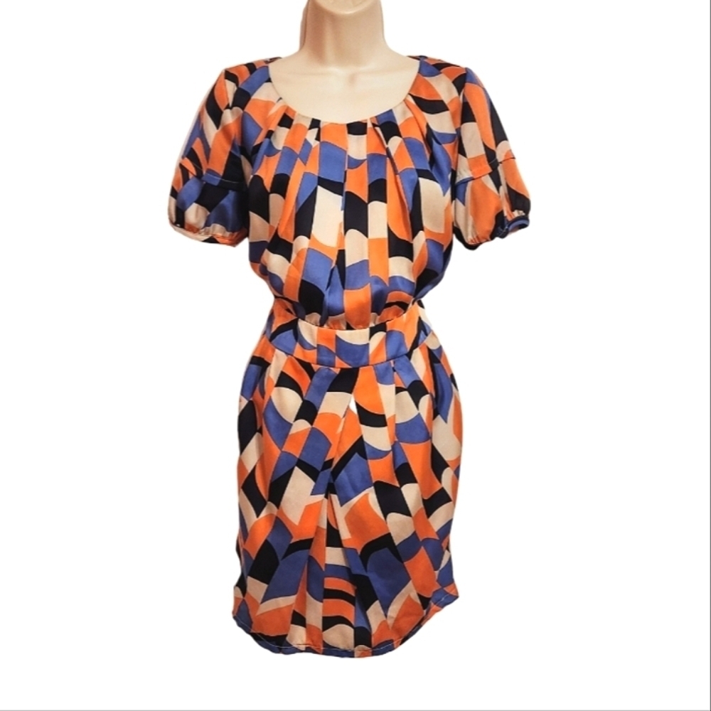 Plastic Island Orange Blue Graphic Print Mini Dress Medium